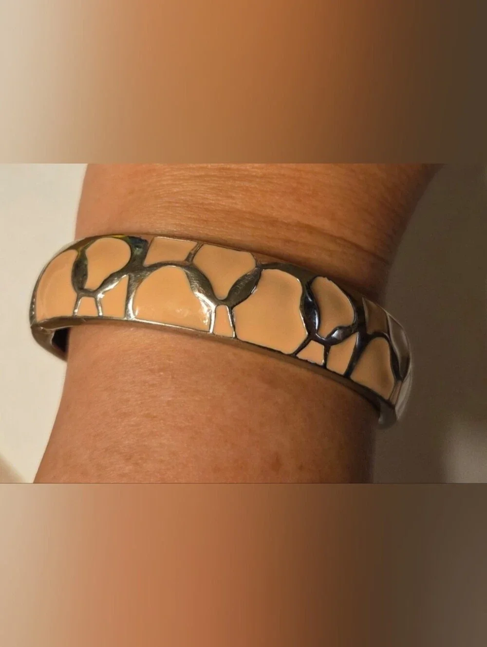 Vintage Light Pink Enamel and Silver-Tone Bangle Bracelet